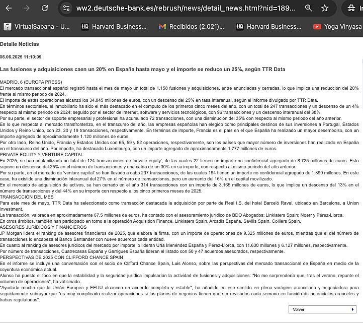 Las fusiones y adquisiciones caen un 20% en Espaa hasta mayo y el importe se reduce un 25%, segn TTR Data